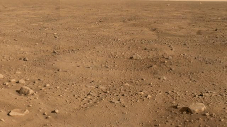 This panorama looks to the southeast and shows rocks casting shadows, polygons on the surface and as the image looks to the horizon, NASA's Phoenix Mars Lander's backshell gleams in the distance.