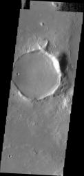 This image from NASA's Mars Odyssey shows two unnamed craters occur near Phlegra Montes. The small one on the top is a bit heart-shaped.