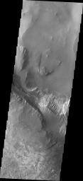 This image from NASA's Mars Odyssey shows part of the layered deposits found in Melas Chasma on Mars.
