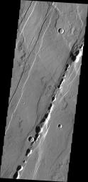 This image from NASA's Mars Odyssey shows the ancient collapsed volcano, Alba Patera, surrounded by graben and collapse features termed catenae on Mars.