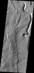 This image from NASA's Mars Odyssey shows a channel associated with Hecates Tholus, part of the Elysium volcanic complex.