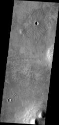 This image from NASA's Mars Odyssey shows a crater with radial ejecta. This crater is located near Erebus Montes.