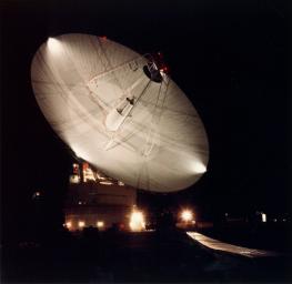 Night shot of the 70m antenna at Goldstone, California. The parabolic dish is 70m (230 ft.) in diameter. The Goldstone Deep Space Communications Complex, located in the Mojave Desert in California, is one of three complexes which comprise NASA's DSN.