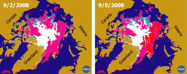  This pair of sea ice maps was derived from radar data from NASA's QuikScat satellite scatterometer during September, 2008 showing the Arctic Sea along the Northern Sea Route and the Northwest Passage.
