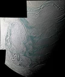 This sweeping mosaic of Saturn's moon Enceladus provides broad regional context for the ultra-sharp, close-up views NASA's Cassini spacecraft acquired minutes earlier, during its flyby on Aug. 11, 2008.