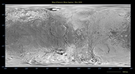 This global map of Saturn's moon Iapetus was created using images taken during NASA's Cassini spacecraft flybys, with Voyager images filling in the gaps in Cassini's coverage.