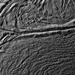 This image from NASA's Cassini spacecraft was the eighth 'skeet shoot' narrow-angle image captured during the October 31, 2008, flyby of Saturn's moon Enceladus.