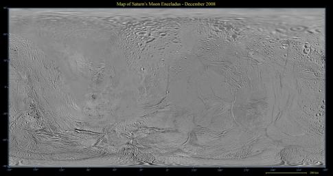 This global map of Saturn's moon Enceladus was created using images taken during NASA's Cassini spacecraft's flybys, with Voyager images filling in the gaps in Cassini's coverage.
