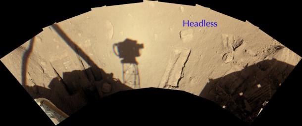 A rock informally named 'Headless,' on the north side of NASA's Phoenix Mars Lander, showing the workspace reachable with the robotic arm.