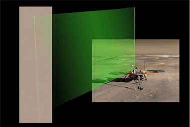 The Surface Stereo Imager camera aboard NASA's Phoenix Mars Lander acquired a series of images of the laser beam in the Martian night sky. Bright spots in the beam are reflections from ice crystals in the low level ice-fog.