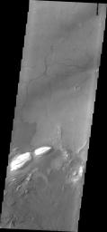 This image from NASA's Mars Odyssey shows a small portion of the floor of Ganges Chasma on Mars. Visible in this image are sand dunes, a sand sheet with dune forms and eroded bright deposits.