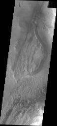 This image from NASA's Mars Odyssey shows a small portion of the floor of Candor Chasma, just east of the north-south trending Baetis Mensa.