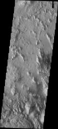 This image from NASA's Mars Odyssey shows the region at the southeastern margin of Aeolis Planum. The materials here have been eroded by wind action.