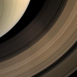 NASA's Cassini spacecraft samples a bit of Saturn's southern hemisphere along with a spread of the planet's main rings in this image taken on April 23, 2009. Working outward from the planet, the C, B, and A rings are visible.