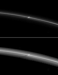 As Saturn approaches its August 2009 equinox, a shadow is cast by a narrow, vertically extended feature in the F ring as seen by NASA's Cassini spacecraft.