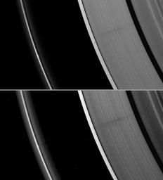 A vertically extended structure or object in Saturn's F ring casts a shadow long enough to reach the A ring in this image from NASA's Cassini spacecraft taken just days before planet's August 2009 equinox.