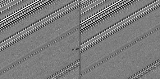 These two images, taken four years before Saturn's August 2009 equinox by NASA's Cassini spacecraft, indicate the streaks in these images are likely evidence of impacts into the planet's rings.