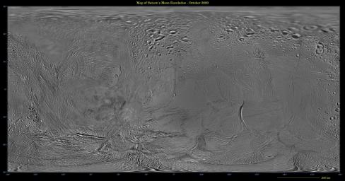This image shows an updated map of Saturn's icy moon Enceladus, generated by NASA's Cassini imaging team. The map incorporates new images taken in 2008, with better image processing techniques.