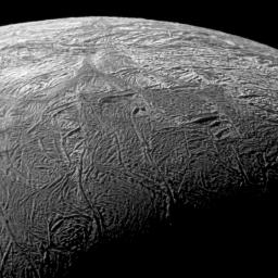 NASA's Cassini spacecraft captured this wide-angle image showing the south polar region of Saturn's moon Enceladus. The outlined area focuses on Baghdad Sulcus, a fracture in the south polar region.