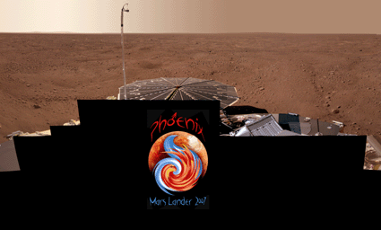 This view combines more than 400 images taken during the first several weeks after NASA's Phoenix Mars Lander arrived on an arctic plain at 68.22 degrees north latitude, 234.25 degrees east longitude on Mars.