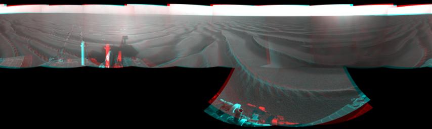 NASA's Mars Exploration Rover Opportunity combined images into this stereo, 360-degree view of the rover's surroundings on Oct. 22, 2008. Opportunity's position was about 300 meters southwest of Victoria. 3D glasses are necessary to view this image.
