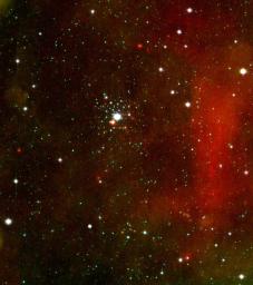 This photograph from NASA's Spitzer Space Telescope shows the young star cluster NGC 2362. By studying it, astronomers found that gas giant planet formation happens very rapidly and efficiently, within less than 5 million years.