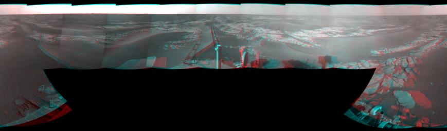 This mosaic of images from NASA's Mars Exploration Rover Opportunity shows surroundings of the rover's location following a 104 meters (341 feet) drive on Jan. 15, 2009. 3D glasses are necessary.