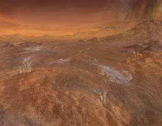 A short but fierce 'gullywasher' rainstorm of methane falls on the mountains surrounding the intriguing flows of Titan's Hotei Arcus in this artist's concept, based upon radar mapping data from NASA's Cassini spacecraft in orbit around Saturn.