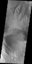 This image from NASA's Mars Odyssey shows a small portion of Candor Chasma on Mars. Wind and water appear to have each played a part in eroding the materials within the chasma.