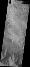 This image from NASA's Mars Odyssey shows a small portion of the floor and floor deposits within Hebes Chasma.