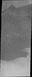 This image of Charlier Crater's sand sheet on Mars was taken by NASA's Mars Odyssey spacecraft. In this image the dunes are darker than the surroundings.
