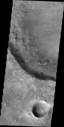 A small delta is located in this unnamed crater near Nili Fossae on Mars as seen by NASA's Mars Odyssey spacecraft.
