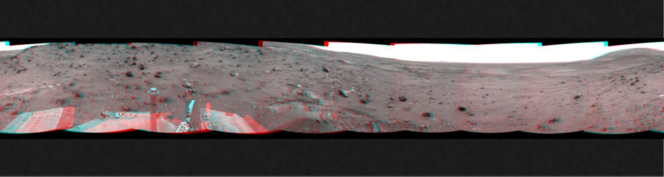 NASA's Mars Exploration Rover Spirit used its navigation camera to take the images that have been combined into this stereo, full-circle view of the rover's surroundings on March 10, 2009. 3D glasses are necessary to view this image.