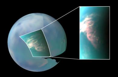 This infrared image of Saturn's moon Titan shows a large burst of clouds in the moon's south polar region. These clouds form and move much like those on Earth, but in a much slower, more lingering fashion.