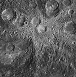This NAC image from MESSENGER's second Mercury flyby shows a crater with a set of light-colored rays radiating outward from it. Such rays are formed when an impact excavates material from below the surface and throws it outward from the crater.