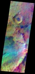 Pastel colors swirl across Mars, revealing differences in the composition and nature of the surface in this false-color infrared image taken on May 22, 2009, by NASA's Mars Odyssey spacecraft.