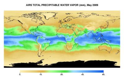 This image represents the total precipitable water vapor for May, 2009 as observed by JPL's Atmospheric Infrared Sounder on NASA's Aqua satellite.