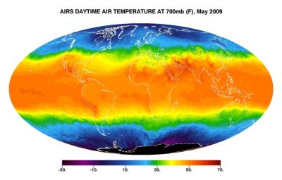 This image shows average daytime temperatures in May, 2009, as observed by JPL's Atmospheric Infrared Sounder on NASA's Aqua satellite.