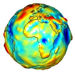 This visualization of a gravity model was created with data from NASA's Gravity Recovery and Climate Experiment and shows variations in the gravity field across Africa and Europe.