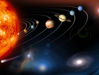 This digital collage contains a highly stylized rendition of our solar system and points beyond. As this graphic was intended to be used as a navigation aid in searching for data within the Photojournal, certain artistic embellishments have been added.