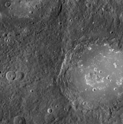 Lermontov crater was first observed by Mariner 10 and seen here by MESSENGER during its second flyby of Mercury. The crater floor is somewhat brighter than the exterior surface and is smooth with several irregularly shaped depressions.
