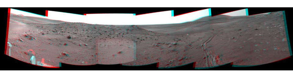 This stereo scene combines frames taken by the navigation camera on NASA's Mars Exploration Rover Spirit during the 1,891st Martian day, or sol, of Spirit's mission on Mars (April 28, 2009). You will need 3-D glasses to view this image.