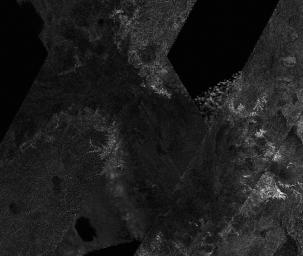 This mosaic of image swaths from NASA's Cassini's Titan Radar Mapper, taken with the synthetic-aperture radar, features a large dark region several hundred kilometers across that differs in several significant ways from potential lakes observed on Titan.