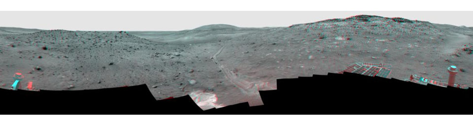 This full-circle view from the panoramic camera (Pancam) on NASA's Mars Exploration Rover Spirit shows the terrain surrounding the location called 'Troy,' where Spirit became embedded in soft soil during the spring of 2009. 3D glasses are necessary.