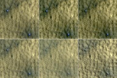 This series of images spanning a period of 15 weeks shows a pair of fresh craters taken by NASA's Mars Reconnaissance Orbiter. Bright, bluish material apparent in the earliest images disappears by the later ones.