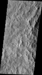 This image from NASA's Mars Odyssey shows a dark slope streak located on the rim material of an unnamed crater in Terra Sabaea.