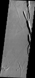 This image of the southern flank of Ascraeus Mons, taken by NASA's 2001 Mars Odyssey spacecraft, shows a small sample of collapse features that are common in the area.
