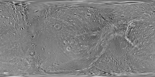 This global map of Saturn's moon Dione was created using images taken during flybys by NASA's Cassini spacecraft. Images from NASA's Voyager mission fill the gaps in Cassini's coverage.