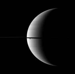 A crescent Saturn is blemished by the black spot of its moon Dione seen orbiting between the planet and NASA's Cassini spacecraft.