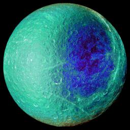 Hemispheric color differences on Saturn's moon Rhea are apparent in this false-color view from NASA's Cassini spacecraft. This image shows the side of the moon that always faces the planet.